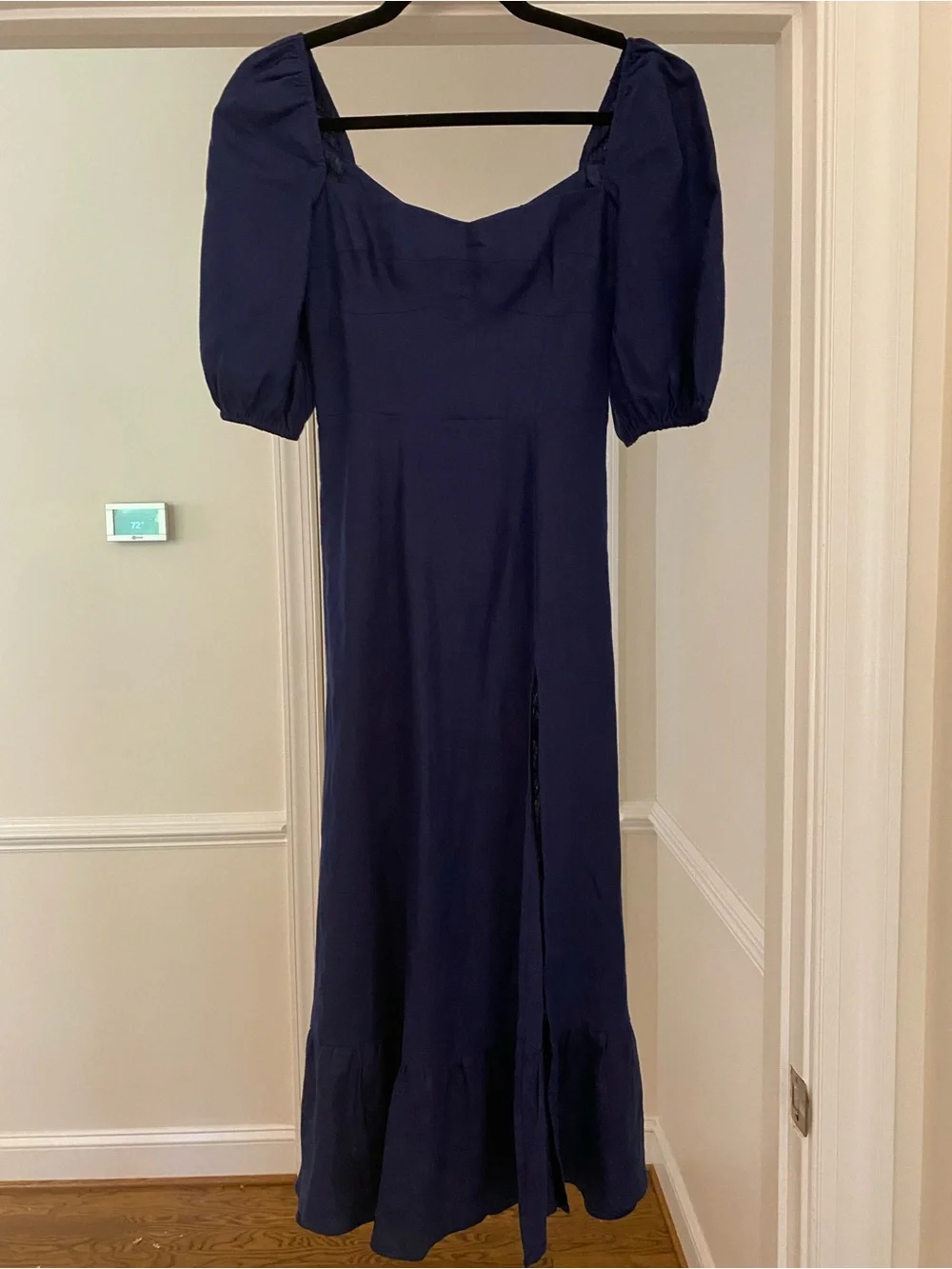 Reformation Navy Linen Puff-Sleeve Maxi Dress